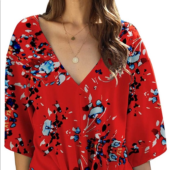 Angerella Tops - Tie Front Tops 3/4 Sleeve Loose V-Neck Blouse